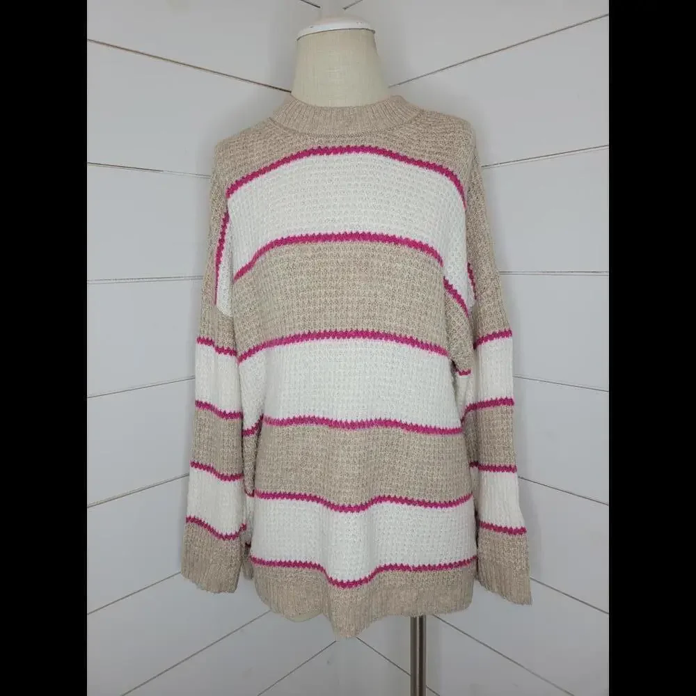 American Eagle Outfitters Beige, White & Pink Striped Crewneck Sweater - Picture 2 of 6